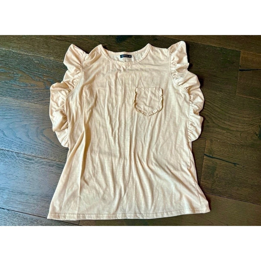 MIHOLL Ruffle Sleeve Top M Beige Pocket Shirt